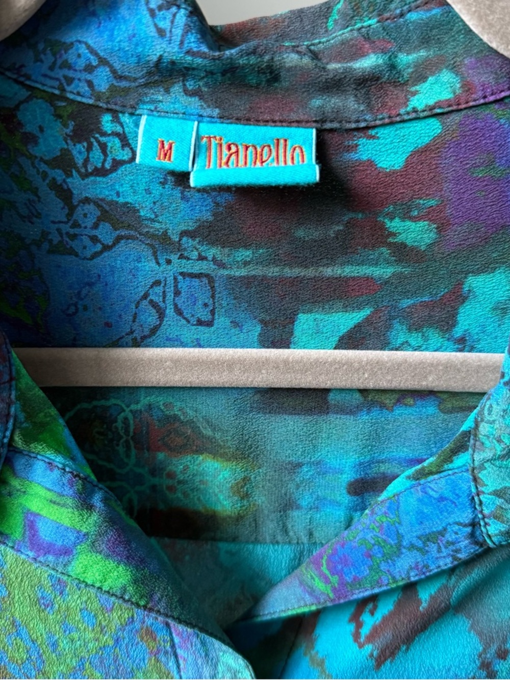 Tianello Silk Teal & Blue Abstract Print Button-Down Tunic style blouse - Picture 2 of 7